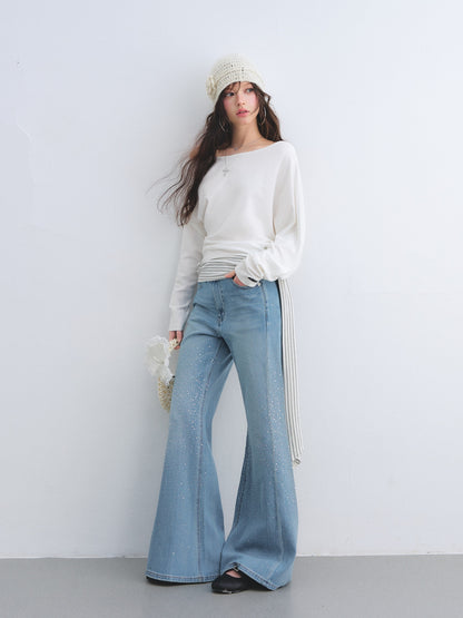 AsGony ASG26041 Washed rhinestone decorated micro flared jeans