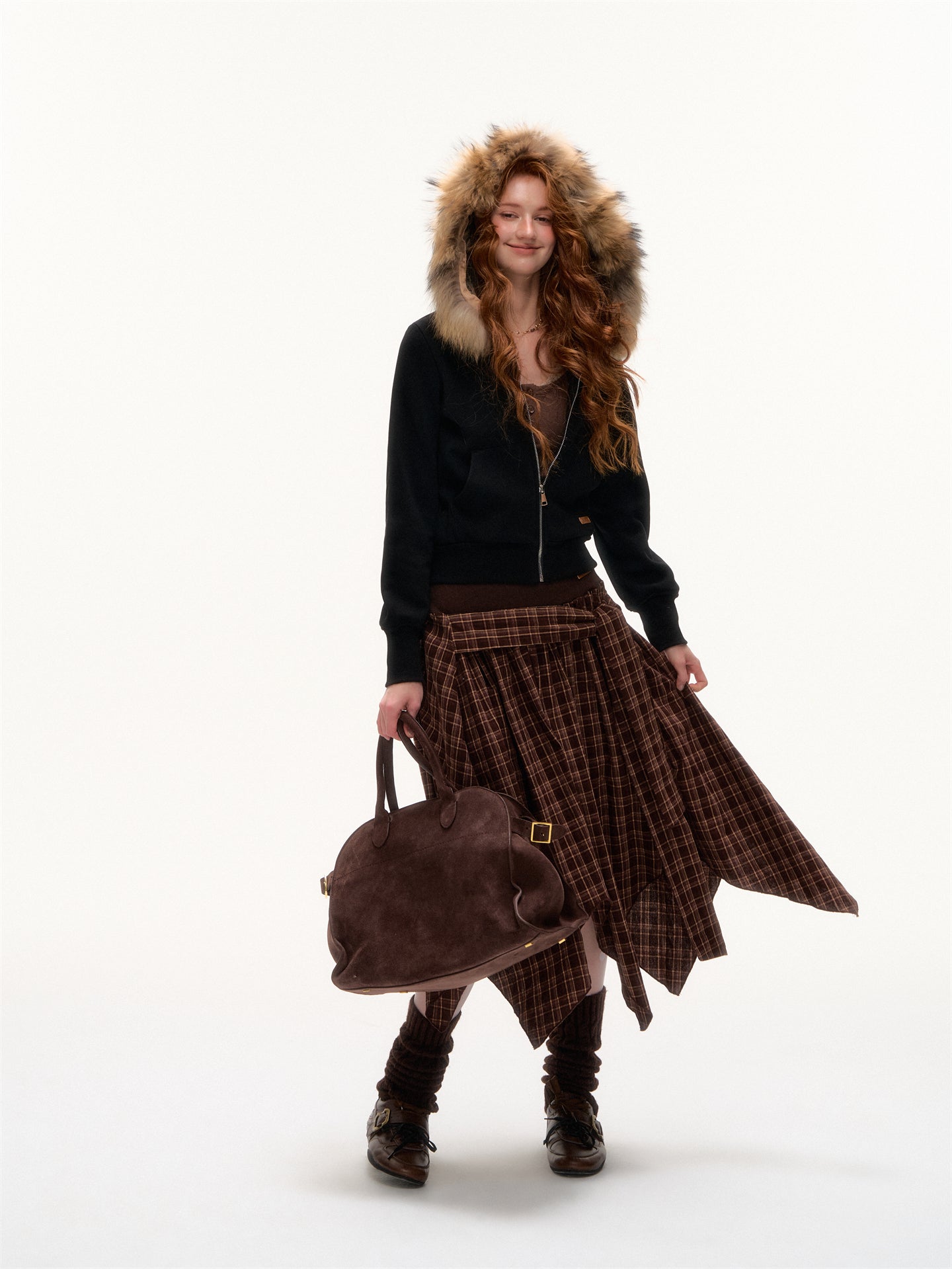 AsGony ASG25397 Irregular hem plaid skirt