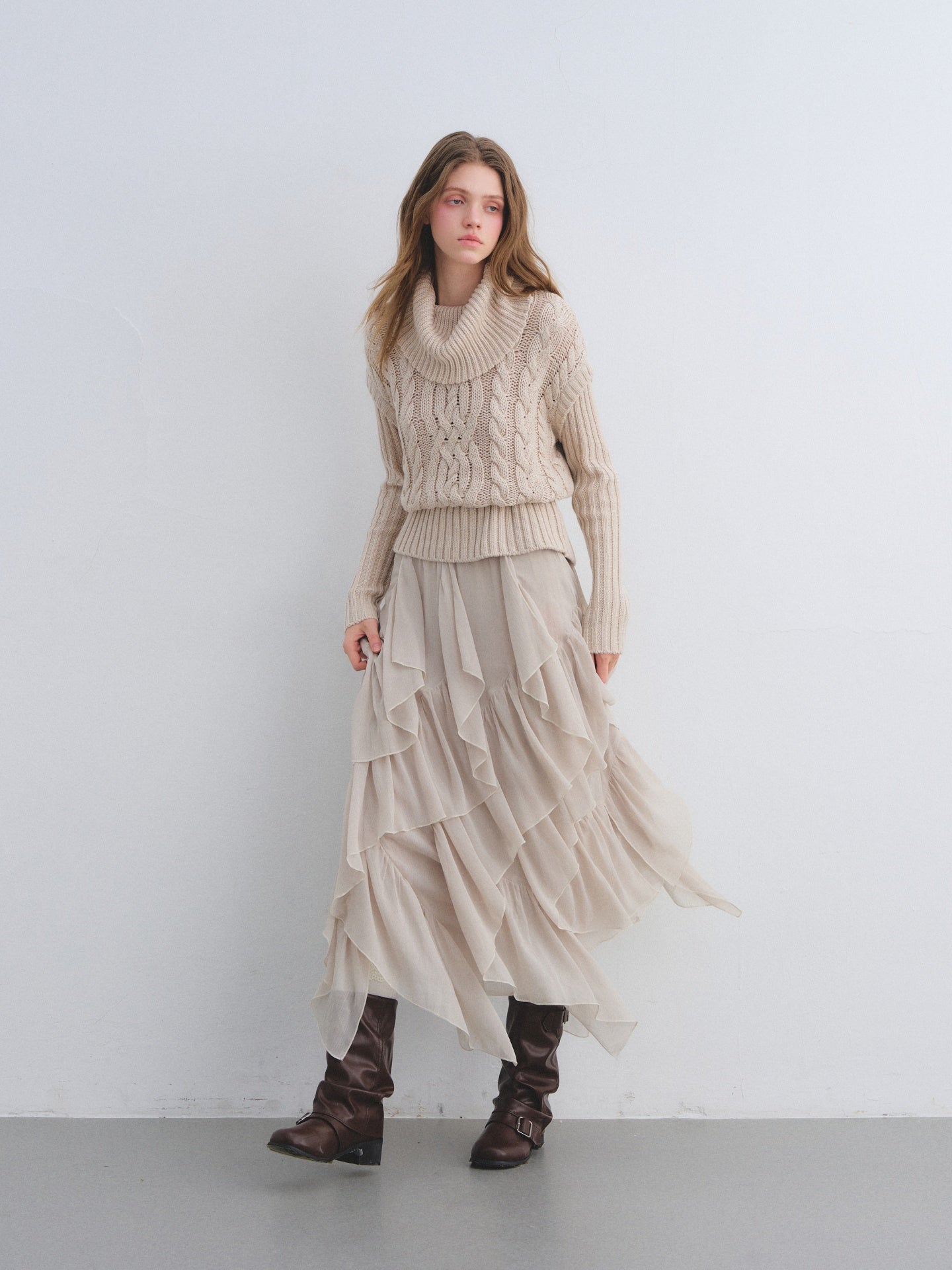 AsGony ASG25681&amp;ASG25677 Wool fake two high necked sweaters + skirt set