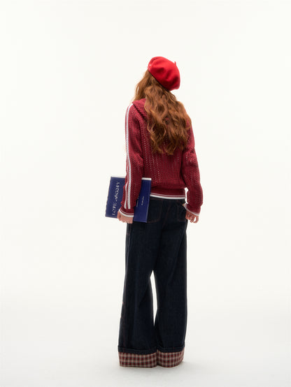 AsGony ASG25380 Plaid spliced flared hem original denim jeans