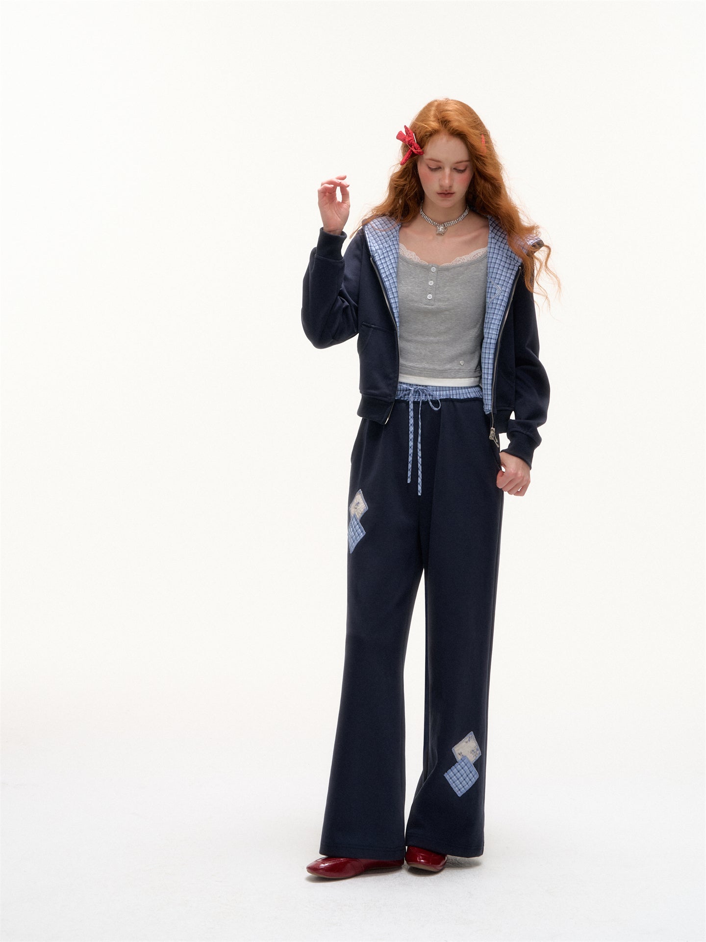 AsGony ASG25351&amp;ASG25352 Grid patchwork applique zip-up hoodie + pants set