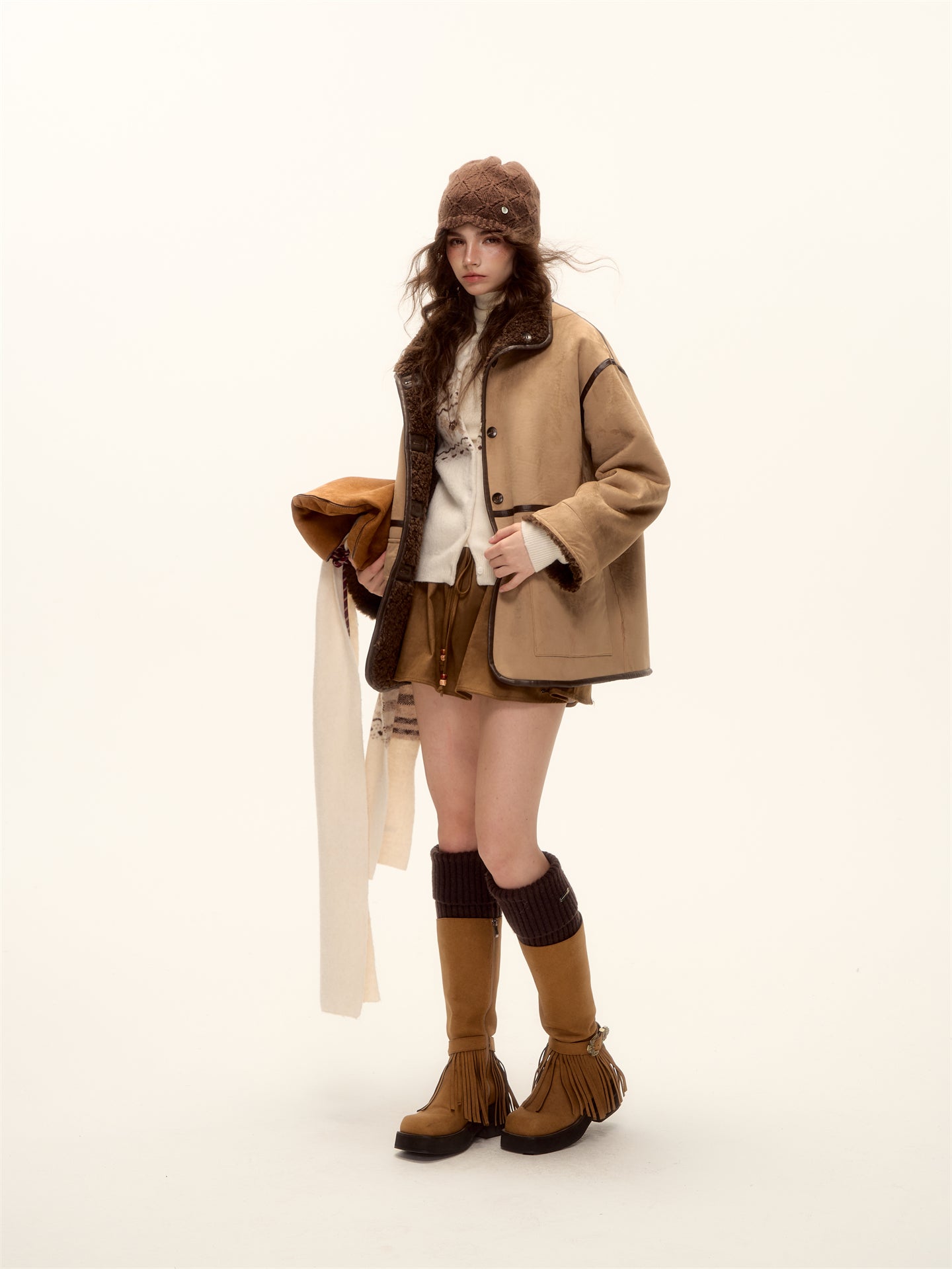 AsGony ASG25469 Double sided fur integrated suede lamb coat