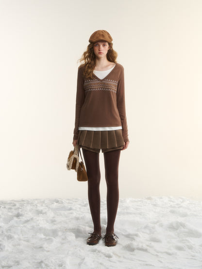 AsGony ASG25546 Fair Island Printed Fake Two Piece Top