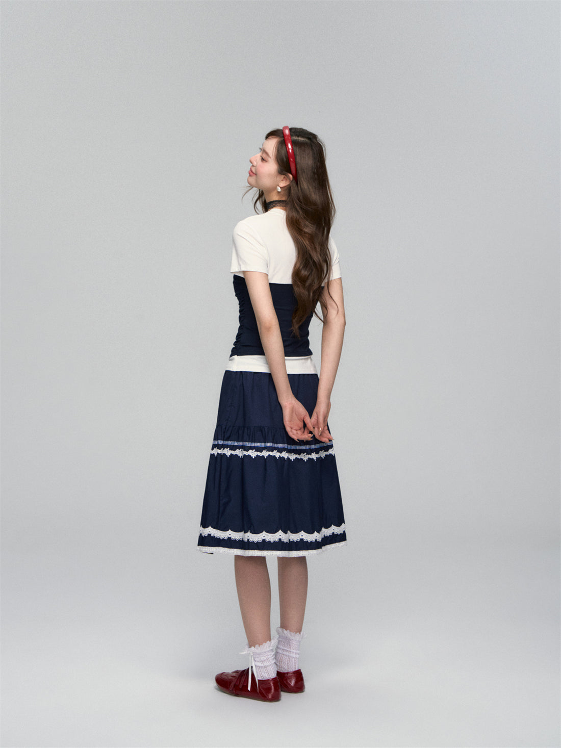 AsGony ASG25108 Fake two piece slim fit short sleeved top (2color)