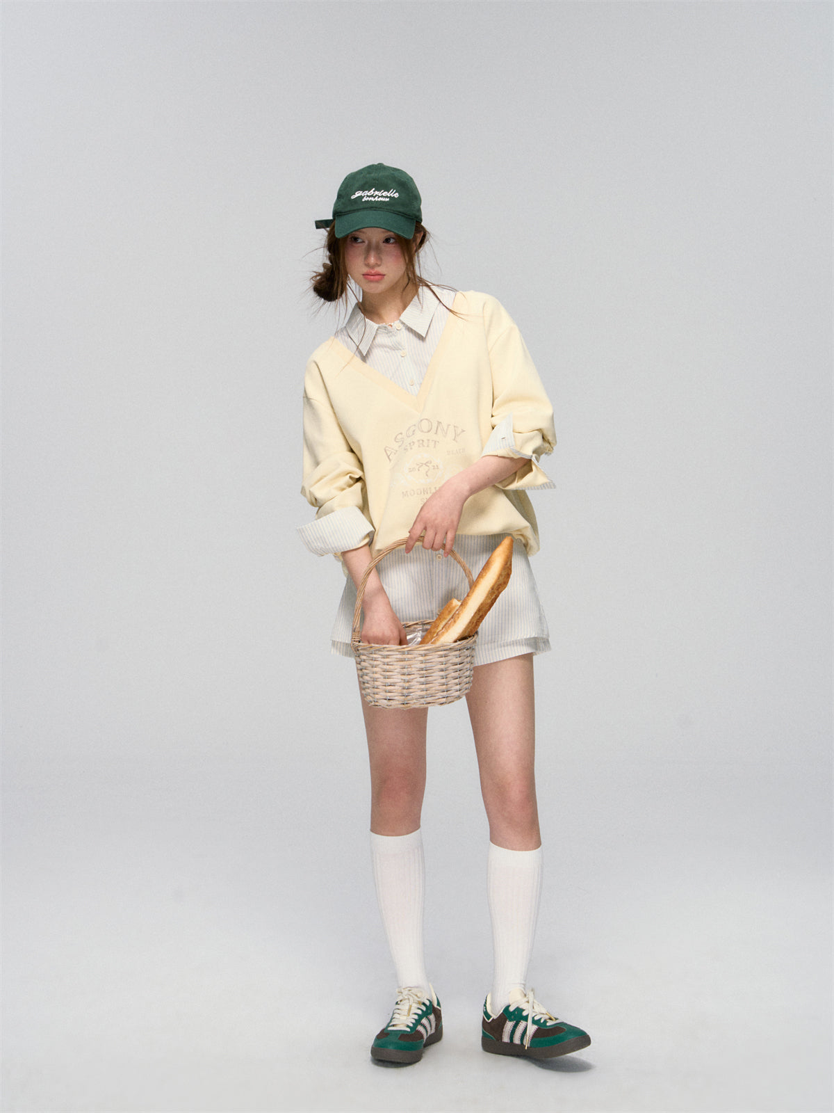AsGony ASG25020&amp;ASG25021 V-neck patchwork shirt sweatshirt + pants skirt set