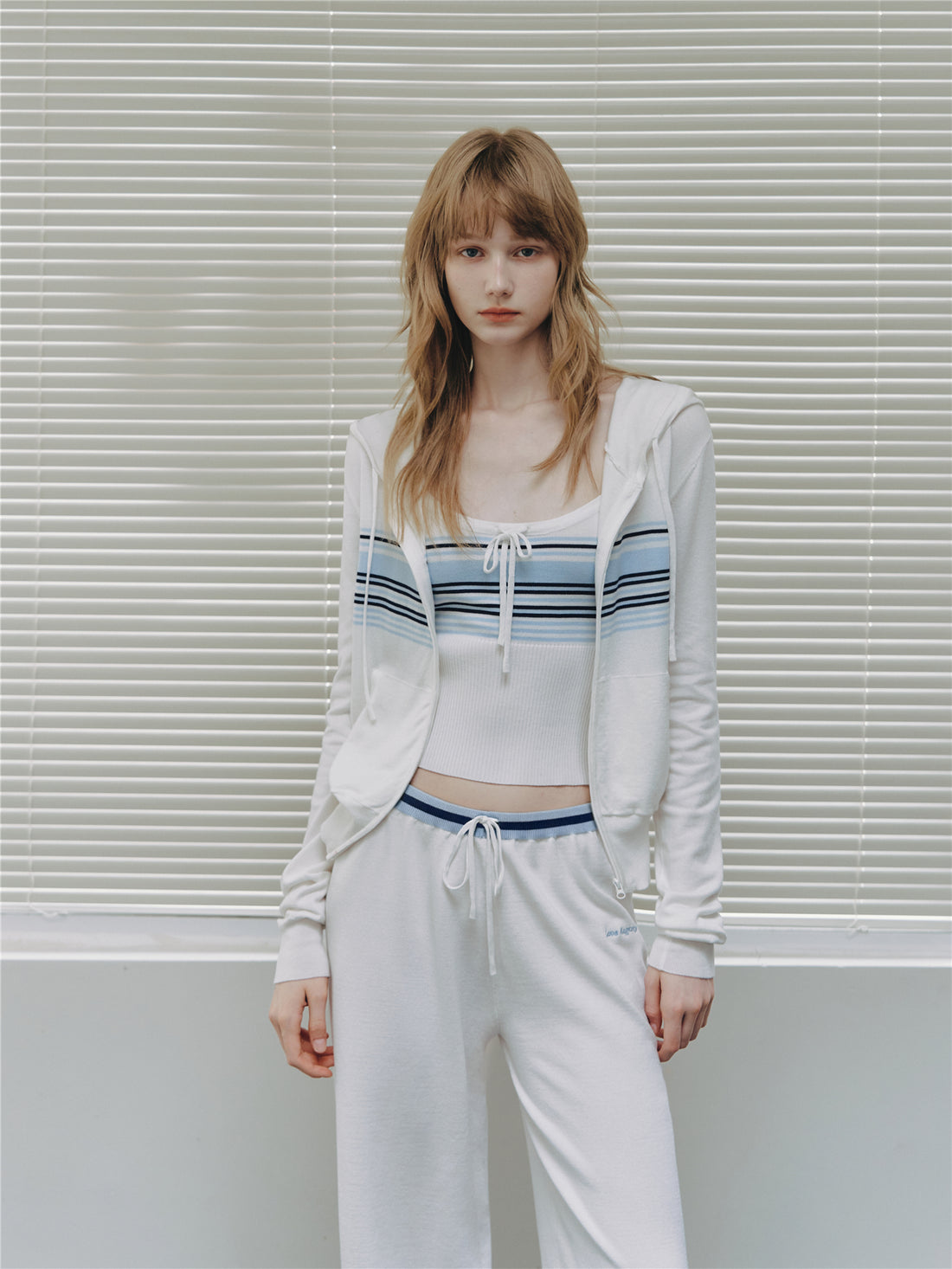 Asgony ASG26502 Contrast Stripe Knit Hooded Cardigan+ASG26503 Camisole+ ASG26504 Straight Pants