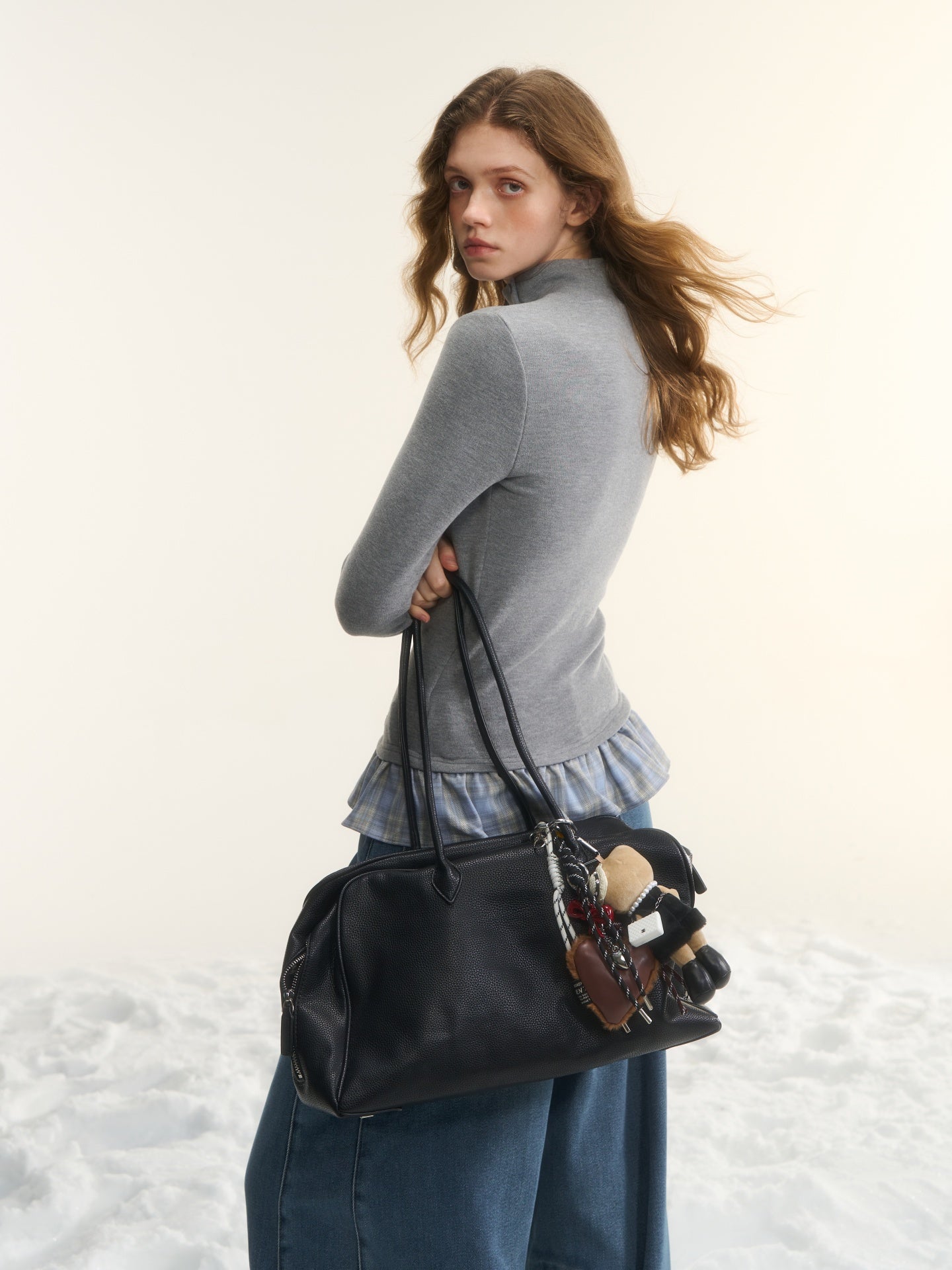 AsGony ASG25561 Wool stand collar with grid splicing and slim fit base top