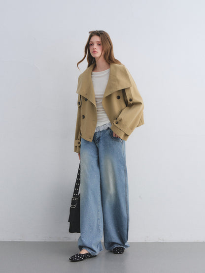 AsGony ASG25669 Big collar flower bud cocoon shaped double breasted jacket