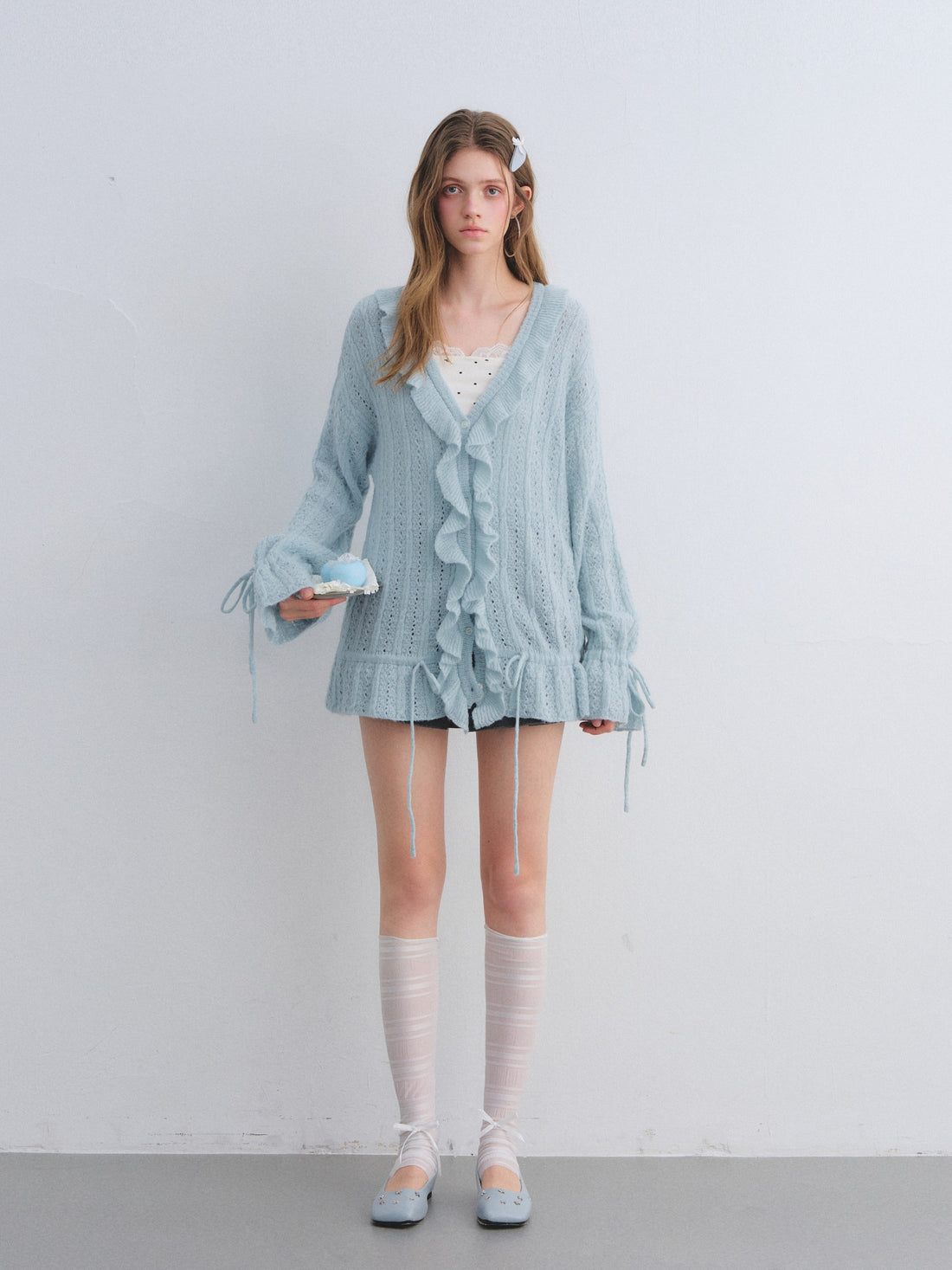 AsGony ASG25650 Woolen pleated hollow knitted cardigan