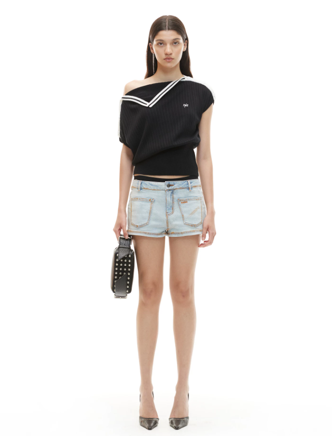 NAWS NAW-T074026 Contrast-Trim Asymmetric Off-Shoulder Striped Top