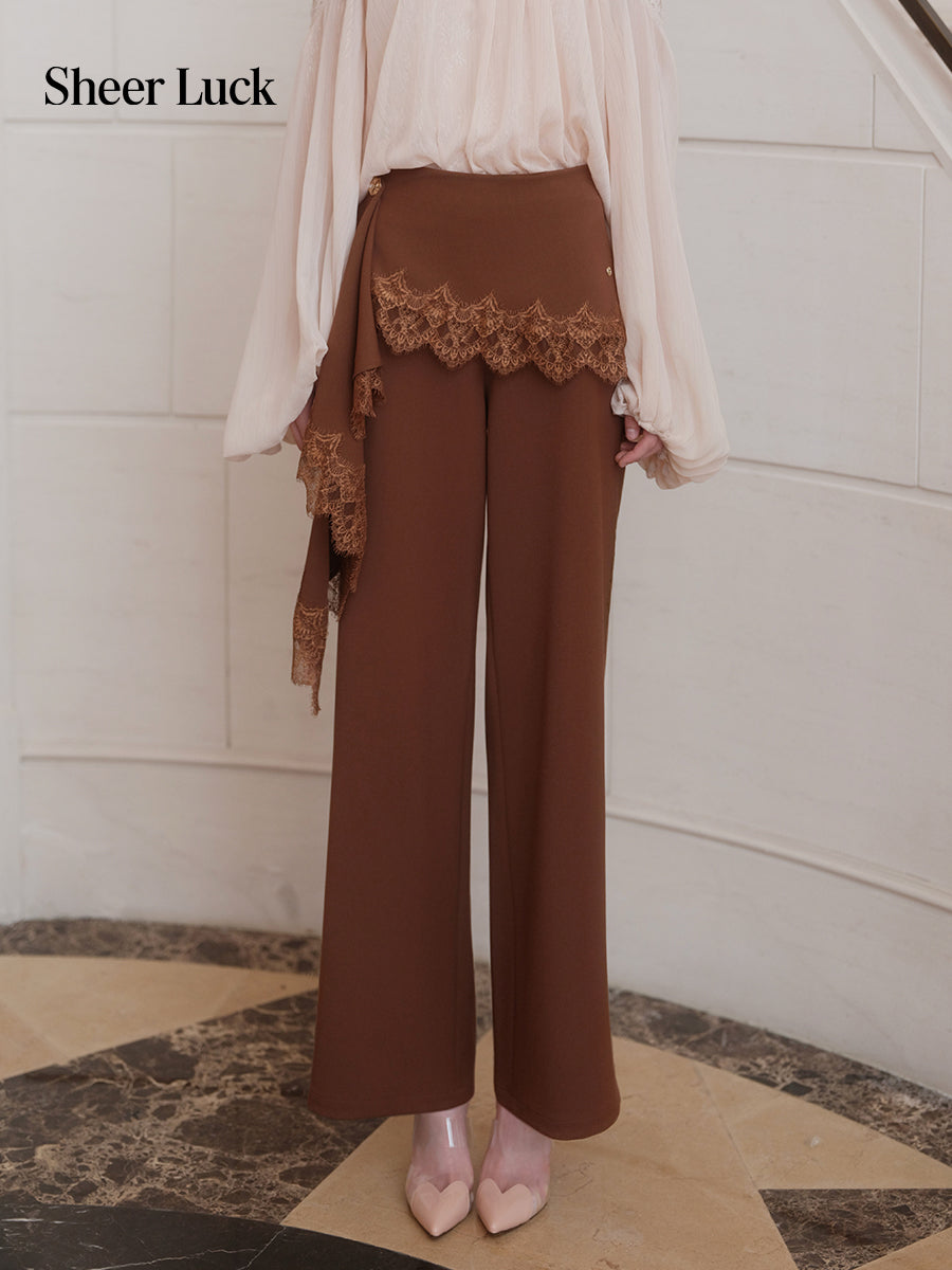 SHEERLUCK SLKZ26722 Dune Lace-Panel Tailored Trousers-Mocha Brown
