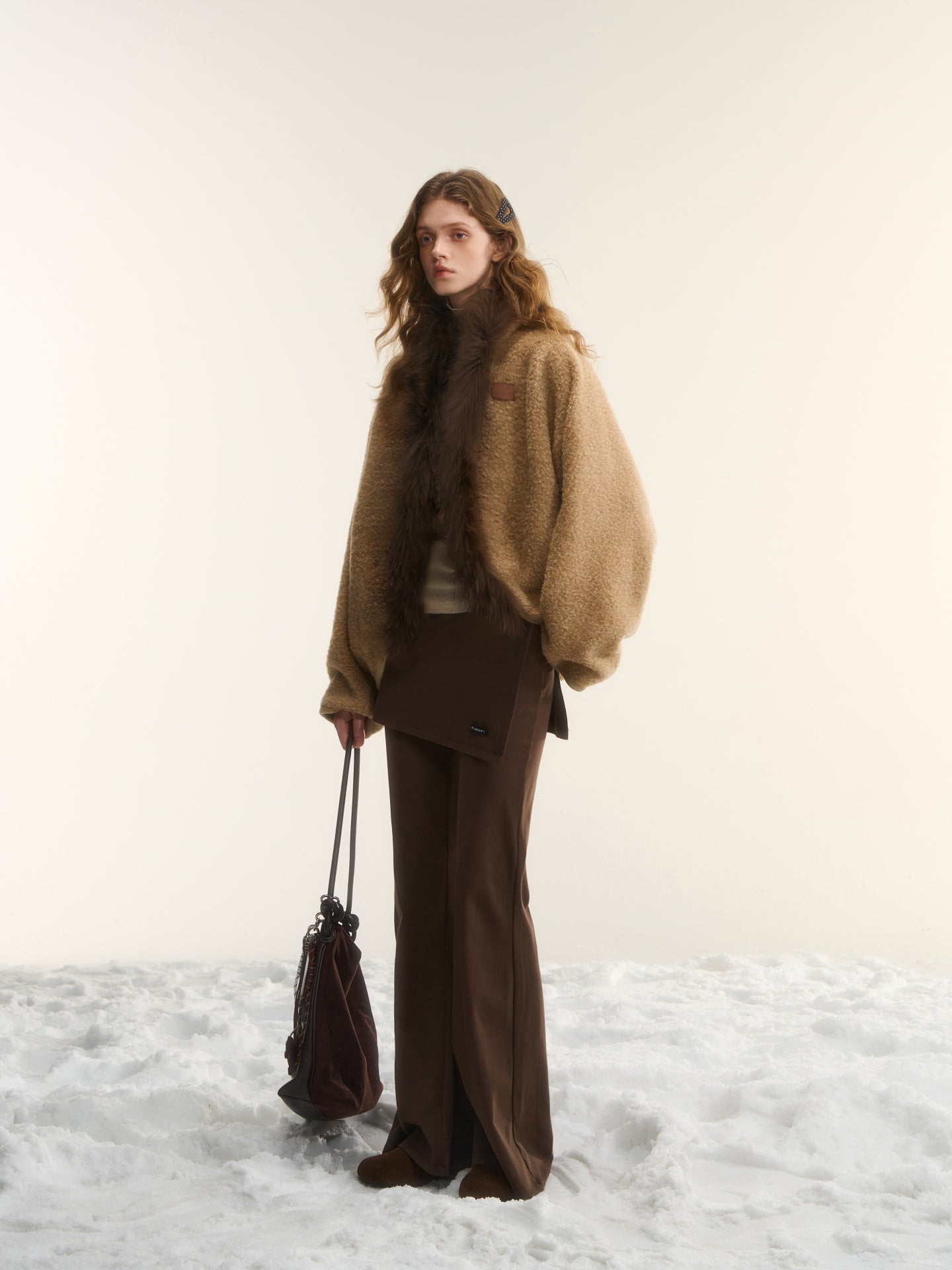 AsGony ASG25539 Wool collar cocoon shaped cardigan shawl jacket