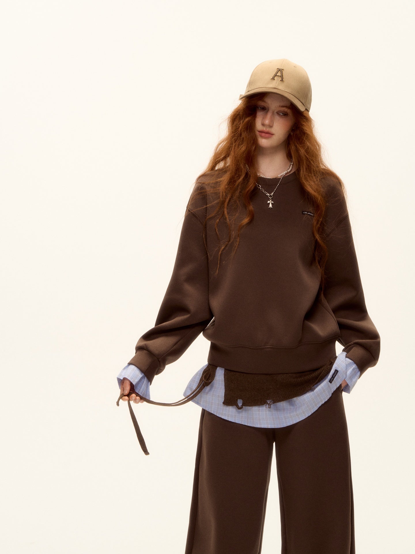 AsGony ASG25509&amp;ASG25510 Cuff plaid patchwork round neck pullover hoodie + pants set