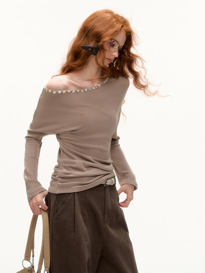 AsGony ASG25374 Off shoulder shell mother decoration long sleeved base top