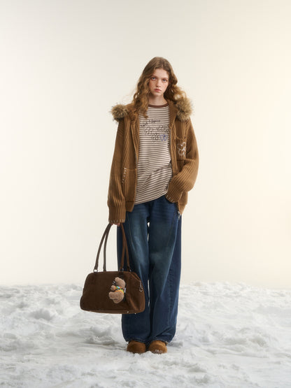 AsGony ASG25552 Detachable fur collar texture embroidered knit cardigan