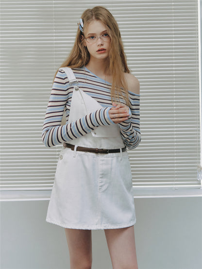 Asgony ASG26513 Striped One-Shoulder Long-Sleeve Knit Top