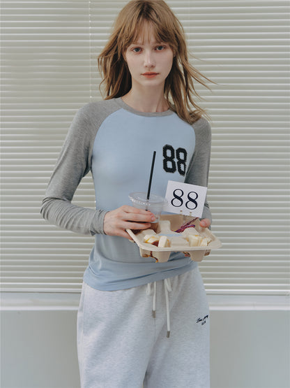 Asgony ASG26543 Crew Neck Contrast Slim Raglan Sleeve Top
