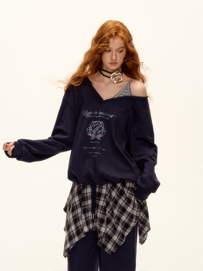 AsGony ASG25504&amp;ASG25505 Oversized striped patchwork printed sweatshirt + pants set
