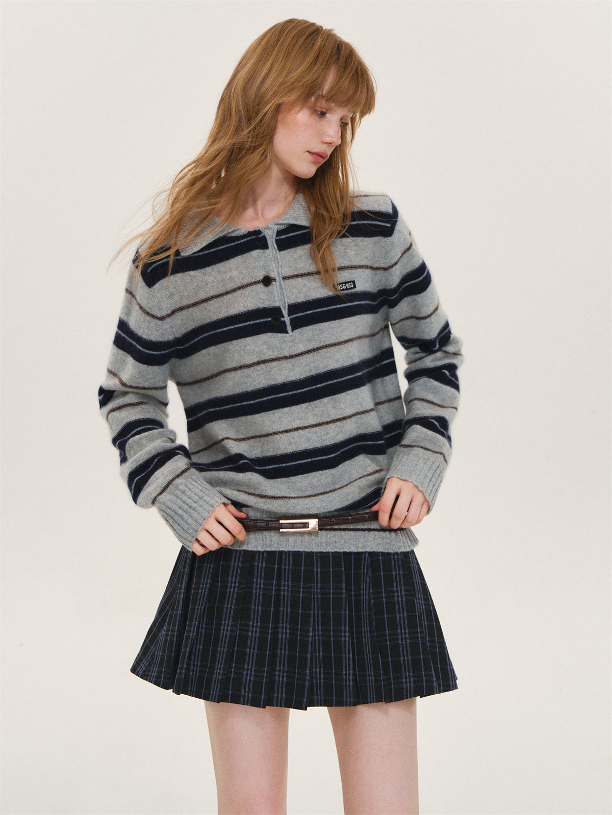 Asgony ASG26597 Striped Collared Knit Polo Shirt