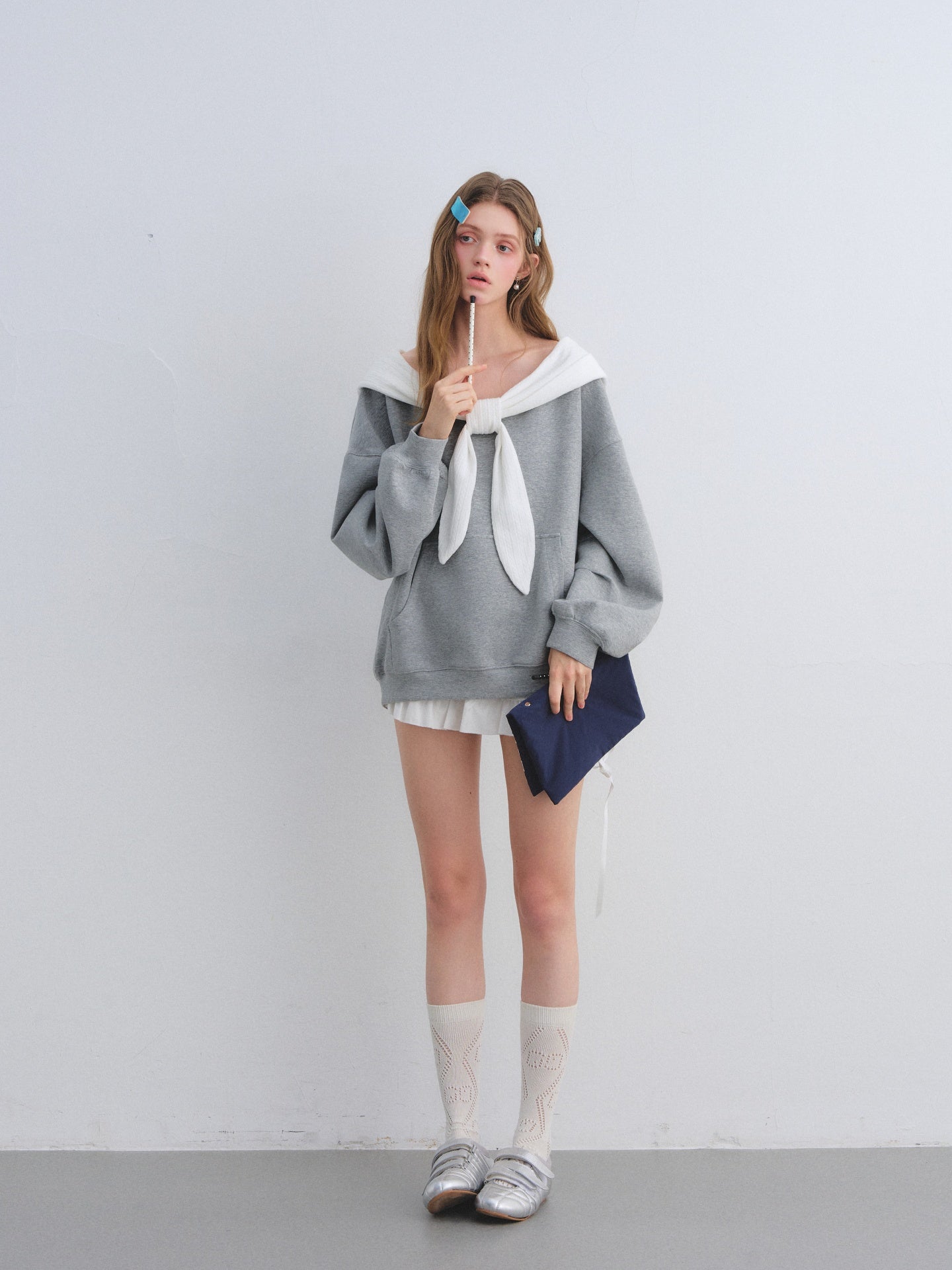 AsGony ASG25643 Rabbit ear one shoulder hooded sweatshirt