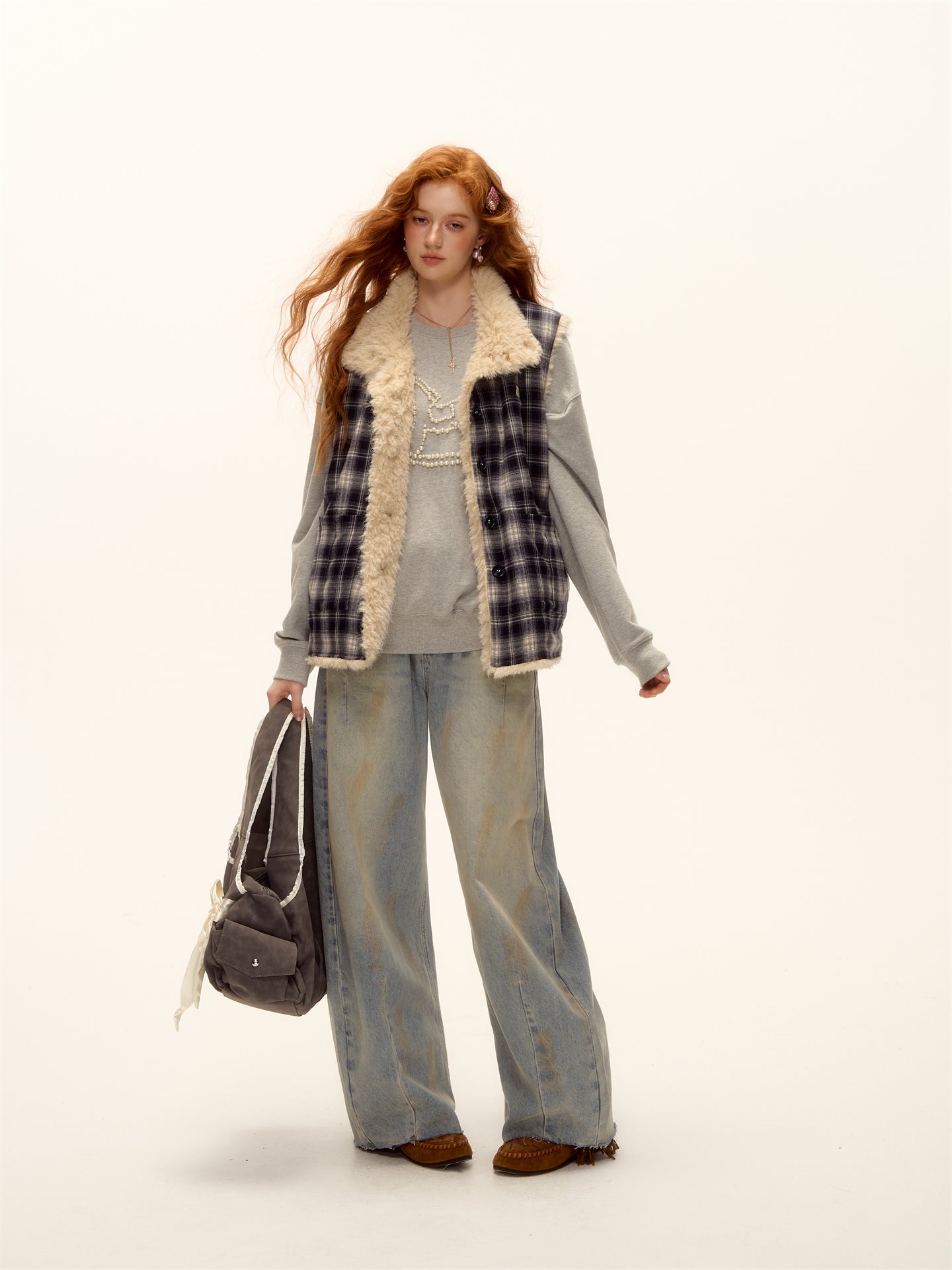 AsGony ASG25468 Double sided plaid plush button vest