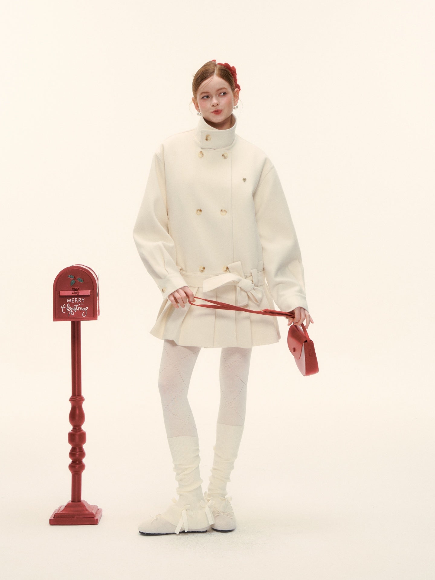 AsGony ASG25611 90 white duck down pleated edge woolen jacket