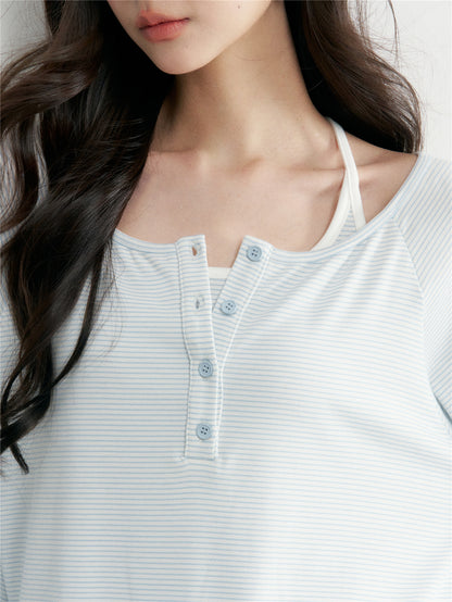 16DEWS 16D26028&amp;16D26029&amp;16D26030 Striped round neck top+tank top+micro flared casual pants