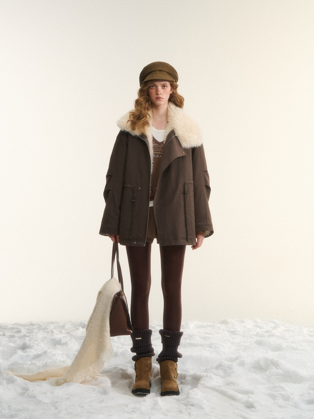 AsGony ASG25568 Sleeves pleated large lapel drawstring loose parka jacket