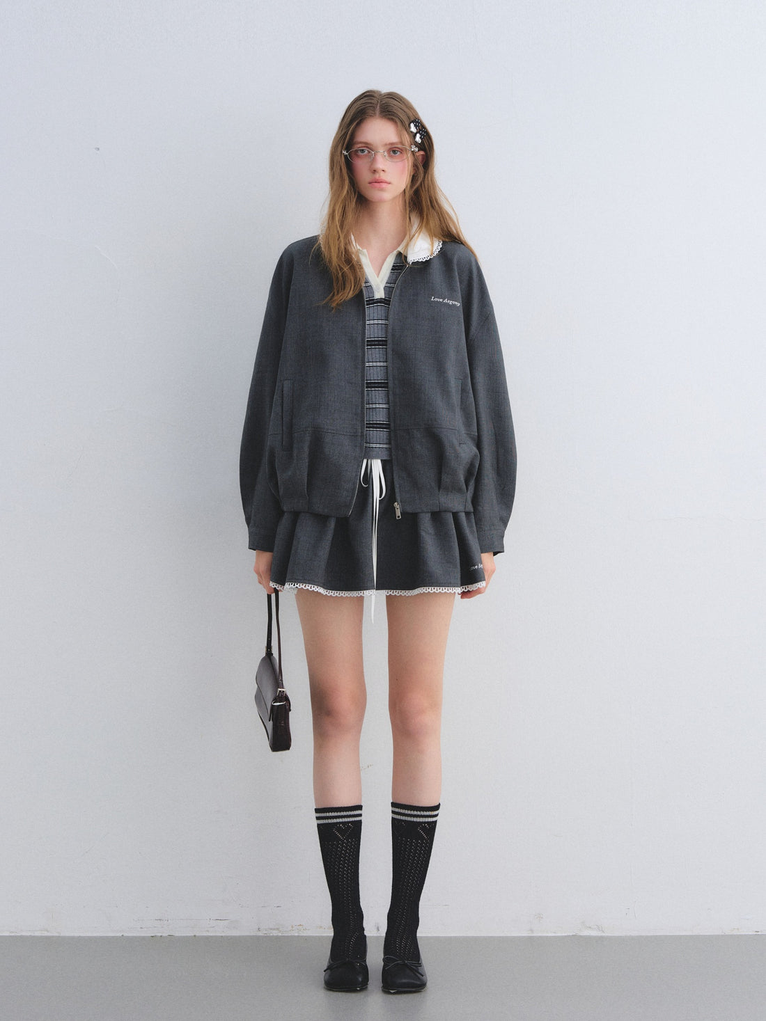 AsGony ASG25668&amp;ASG25645 Lace collar decorative flower bud jacket + short skirt set