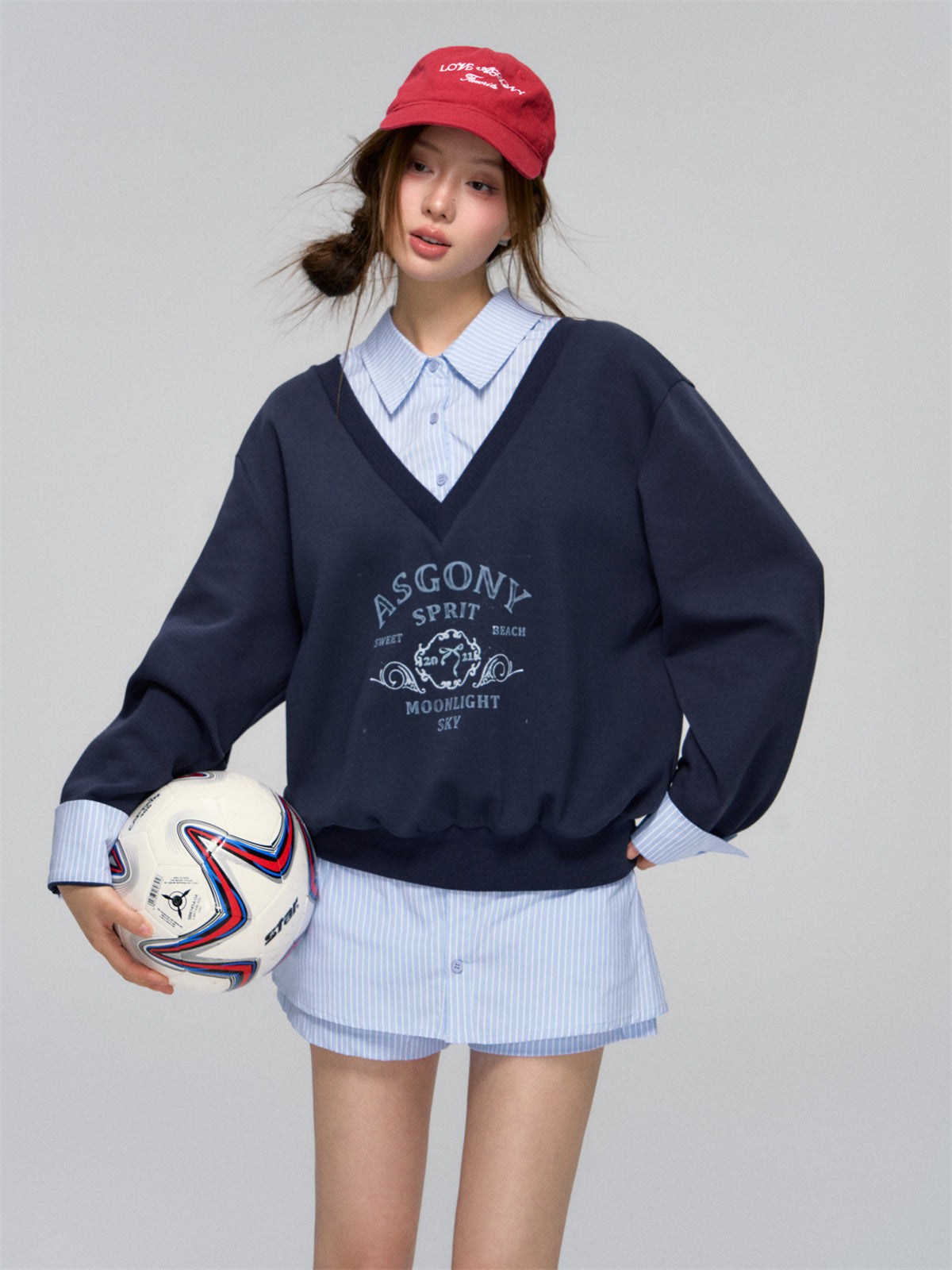 AsGony ASG25020&amp;ASG25021 V-neck patchwork shirt sweatshirt + pants skirt set
