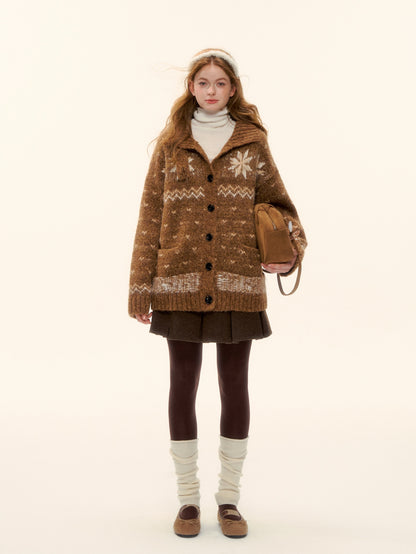 AsGony ASG25593 Wool Snowflake Fel Island Jacquard Knitted Coat