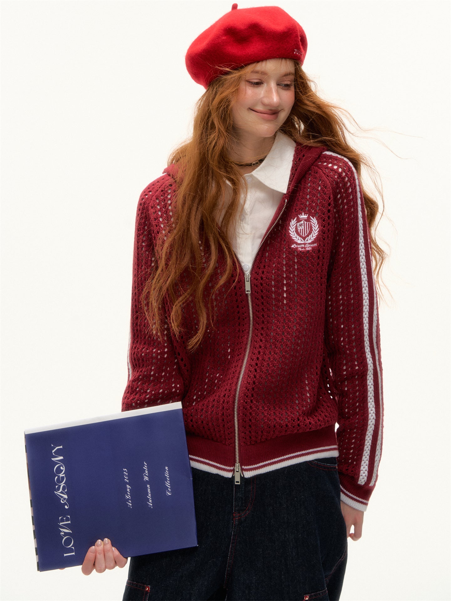 AsGony ASG25388 Hollow knit hooded contrasting embroidered sweater