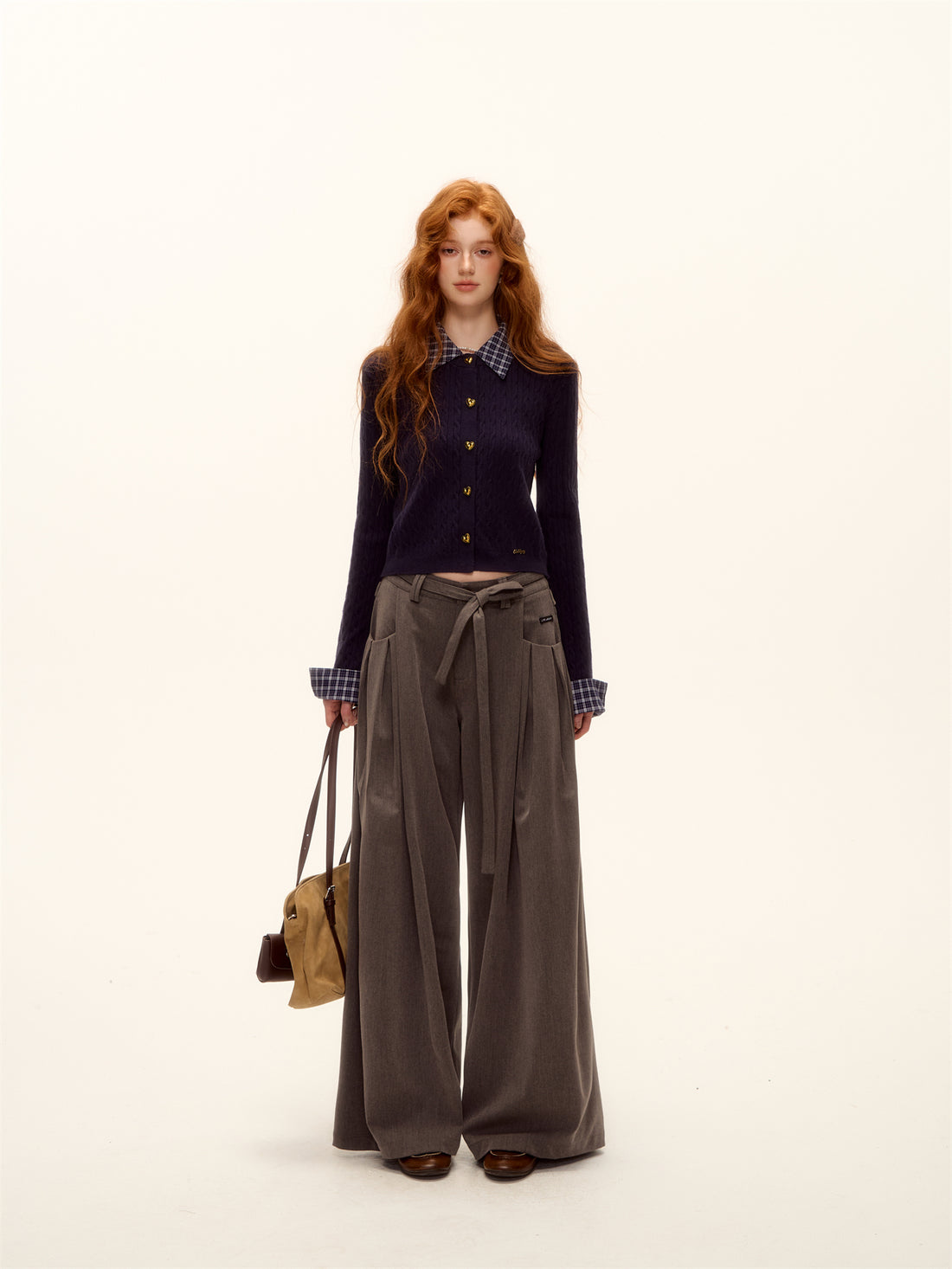 AsGony ASG25485 Wool plaid patchwork shirt collar twisted knit sweater