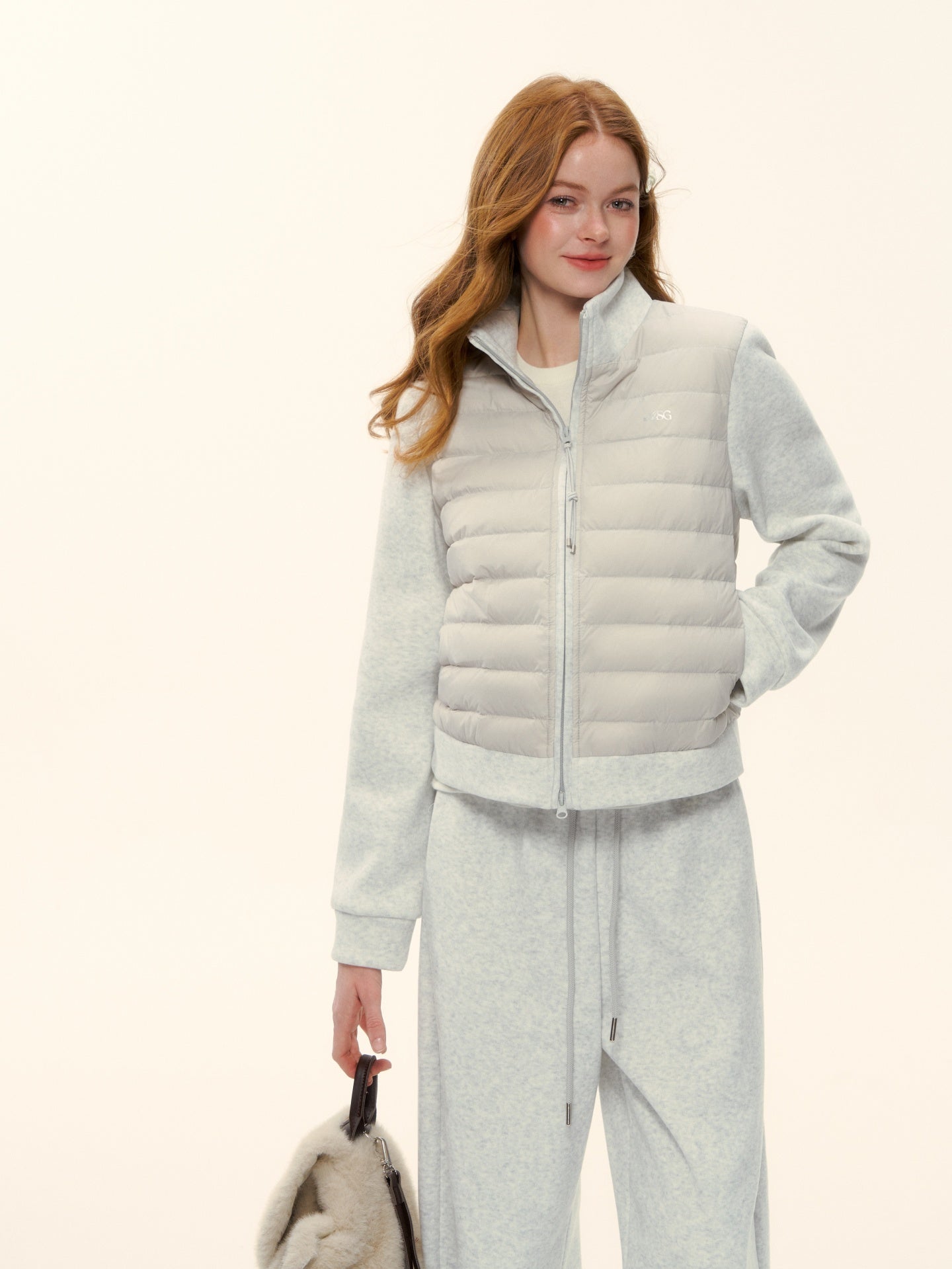 AsGony ASG25611&amp;ASG25584 Splicing stand up collar pork rib down jacket + pants