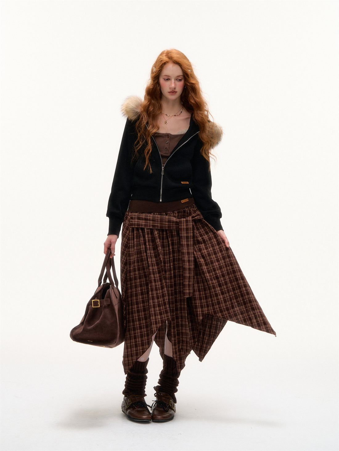 AsGony ASG25412 Off shoulder checkered spliced cross sweater