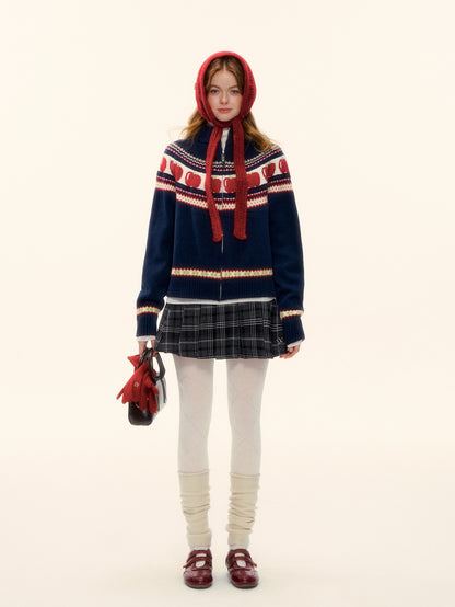 AsGony ASG25626 Wool Fel Island Jacquard Zipper Knitted Sweater Jacket