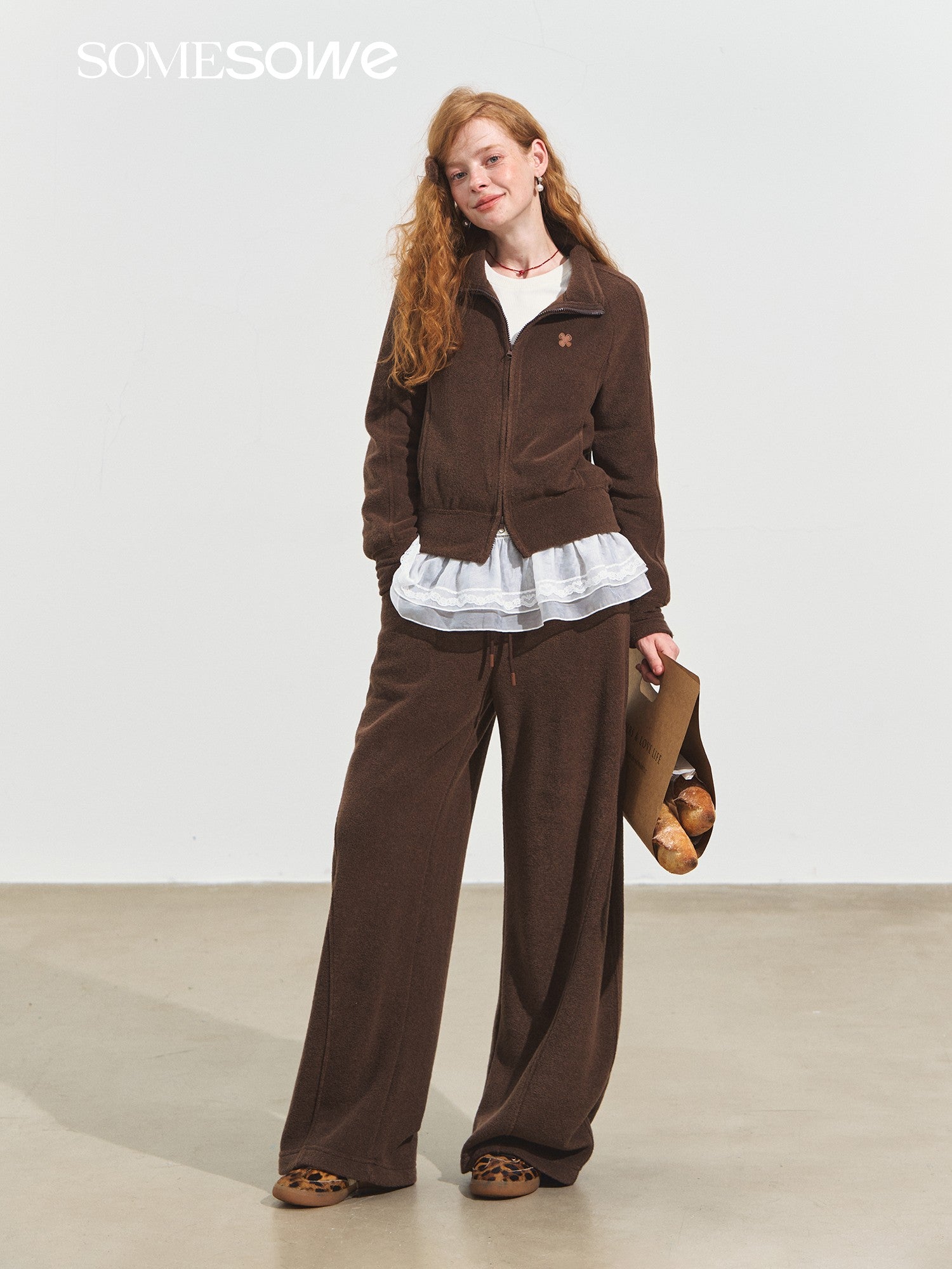 SOMESOWE S2508237&amp;S2508238 Velvet stand collar hoodie + pants set