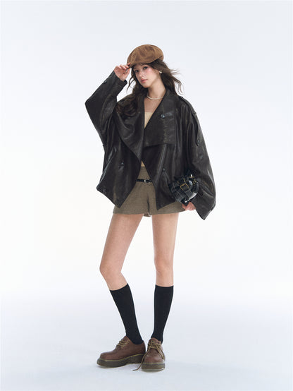 Asgony ASG26542 Oversized Collar Double-Breasted Leather Jacket