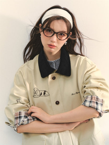 AsGony ASG25328 Puppy embroidered patchwork windbreaker jacket