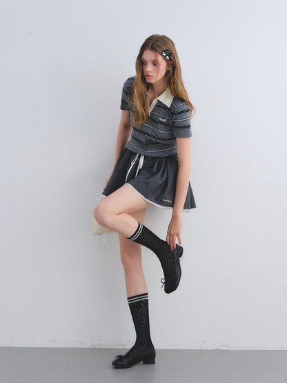 AsGony ASG25660 V-neck patchwork polo striped short sleeved sweater