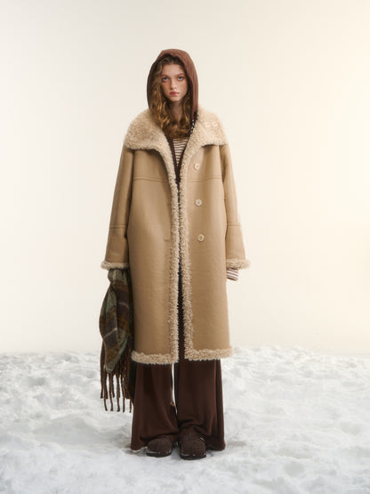 AsGony ASG25560 Two sided wool fur integrated mid length jacket