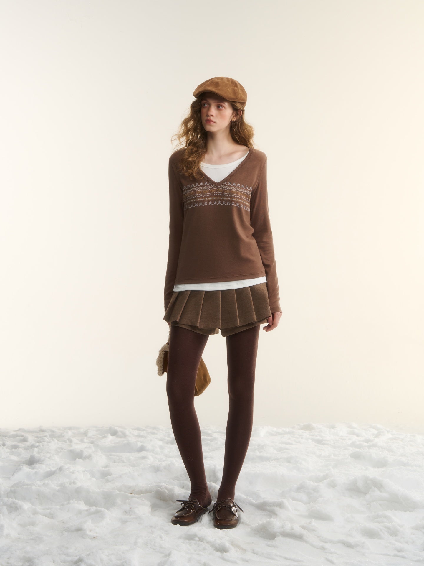 AsGony ASG25546 Fair Island Printed Fake Two Piece Top