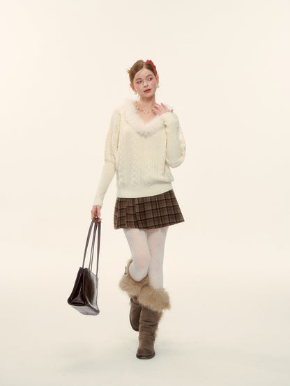 AsGony ASG25627 V-neck wool strip twisted flower sheep leg sleeve knitted sweater