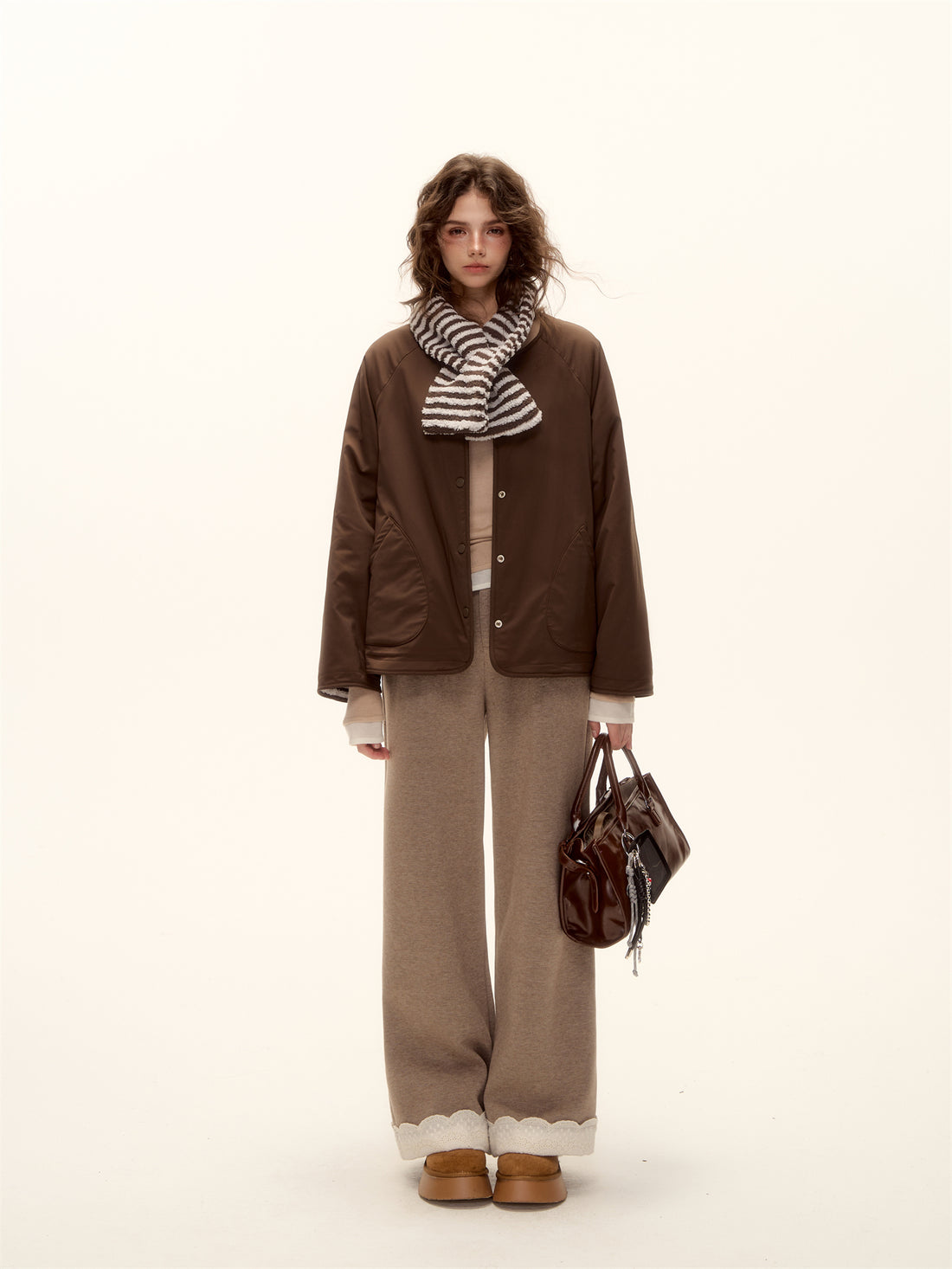 AsGony ASG25458 Double sided striped scarf lamb wool jacket