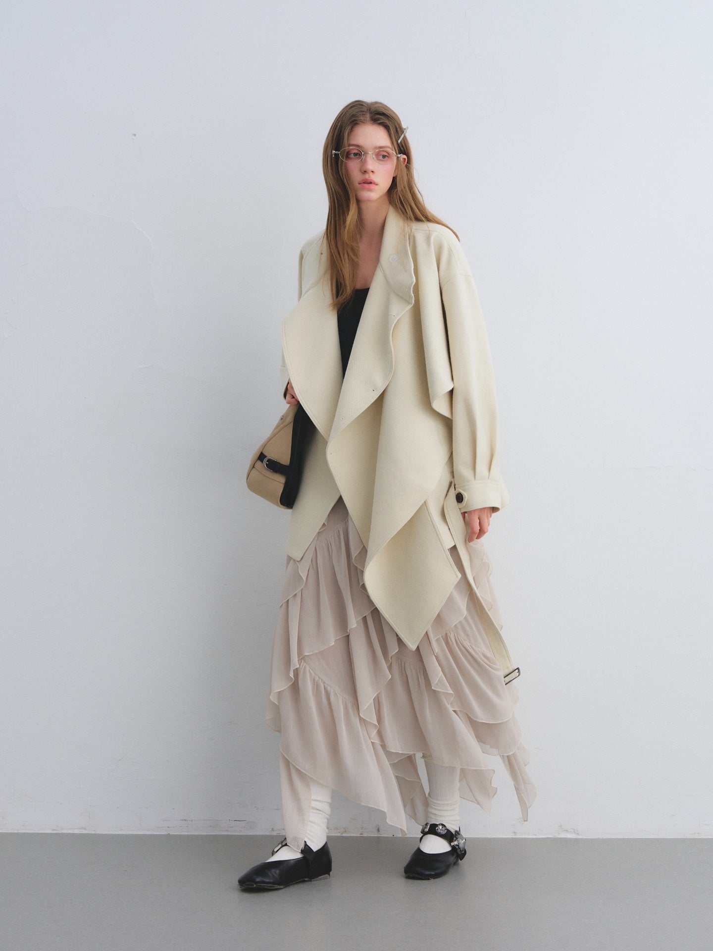 AsGony ASG25647 Woolen patchwork collar shawl woolen windbreaker