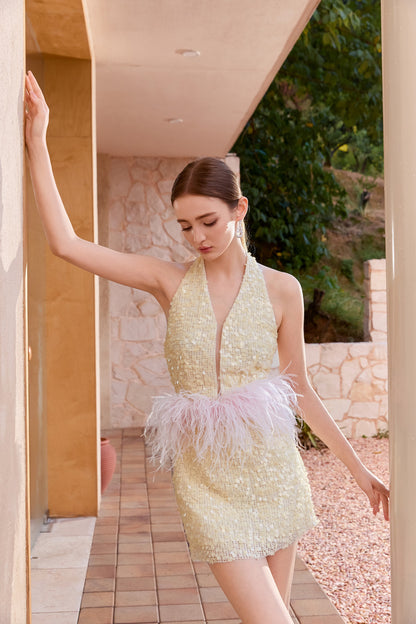 Wardrobes by chen Embroidered contrasting feather halter neck dress