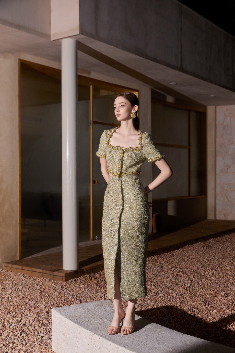 Wardrobes by chen Tweed handmade bead embroidered short top + skirt set