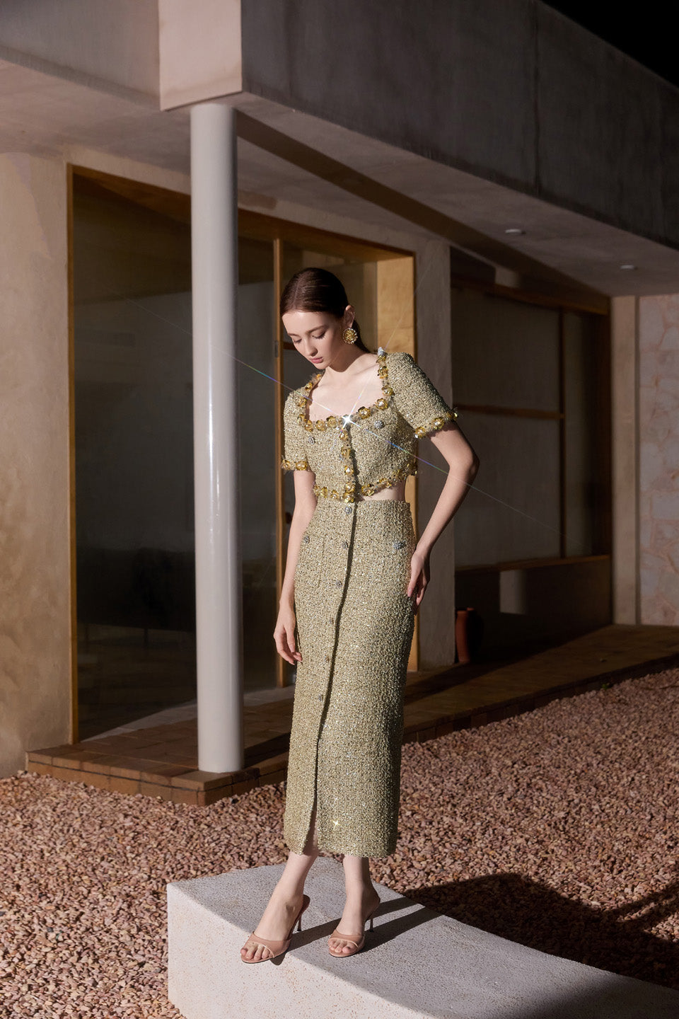 Wardrobes by chen Tweed handmade bead embroidered short top + skirt set