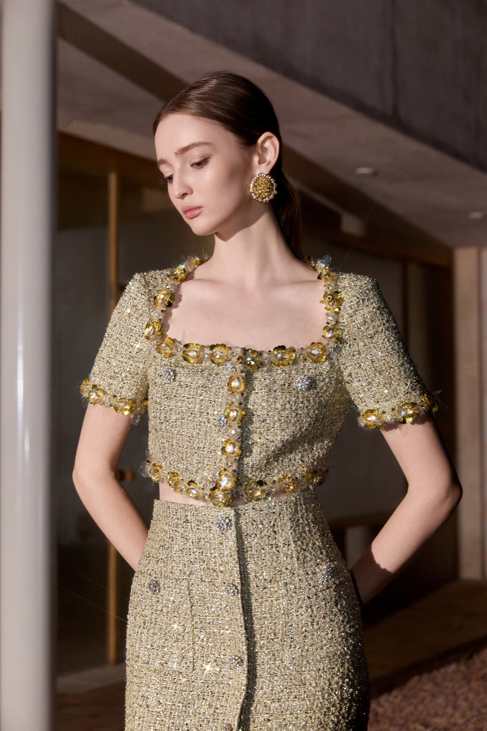 Wardrobes by chen Tweed handmade bead embroidered short top + skirt set