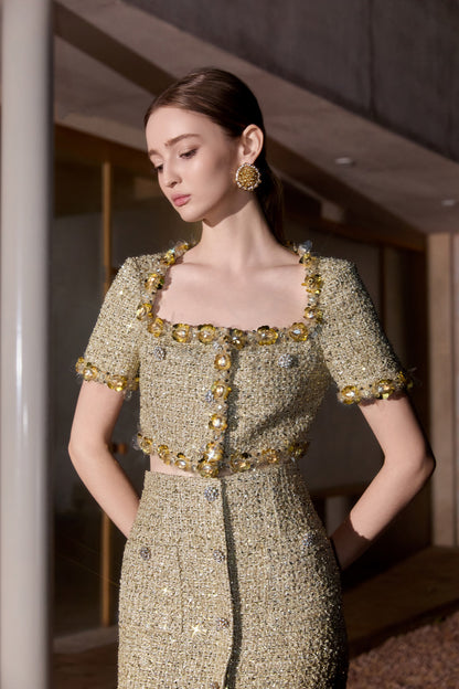 Wardrobes by chen Tweed handmade bead embroidered short top + skirt set